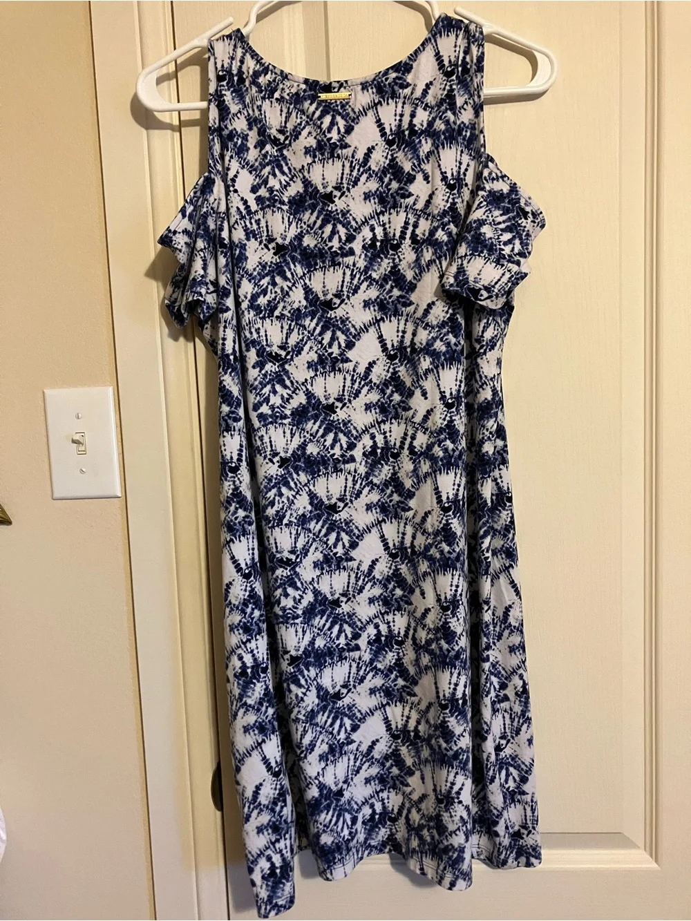 Michael Kors Blue & White Cold-Shoulder Printed Midi Dress